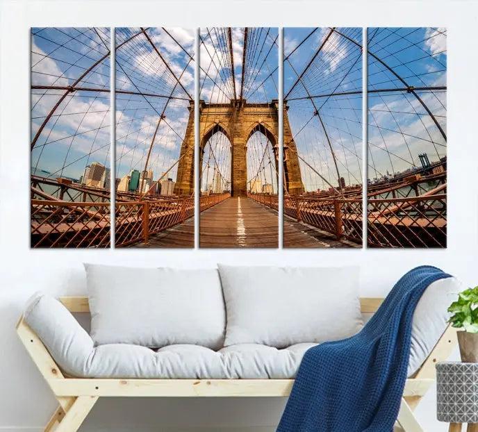 The Brooklyn Bridge Manhattan Wall Art Canvas Print, featuring three panels on museum-quality canvas with UV protection, hangs as an effortlessly elegant focal point in a minimalist living room.