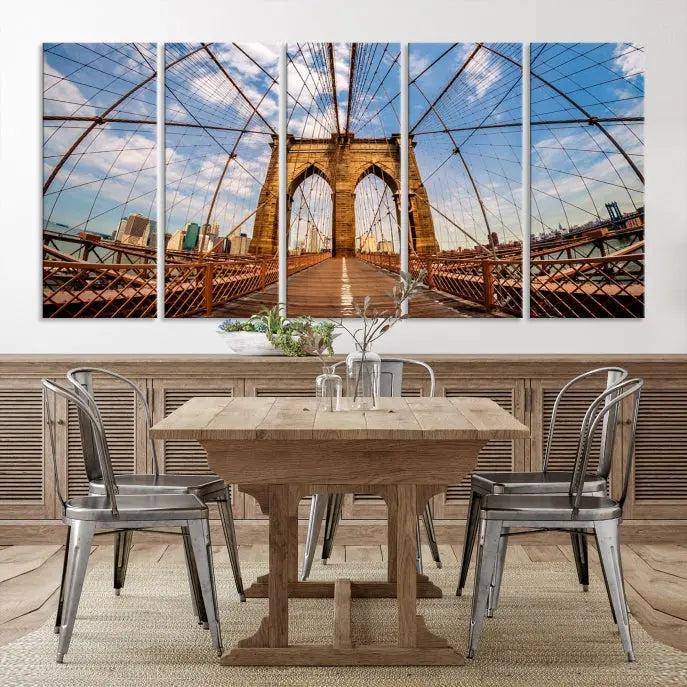 The Brooklyn Bridge Manhattan Wall Art Canvas Print, featuring three panels on museum-quality canvas with UV protection, hangs as an effortlessly elegant focal point in a minimalist living room.