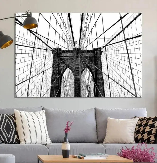 The Brooklyn Bridge Wall Art Canvas Print, a museum-quality black and white piece, offers free shipping for your living room's transformation.