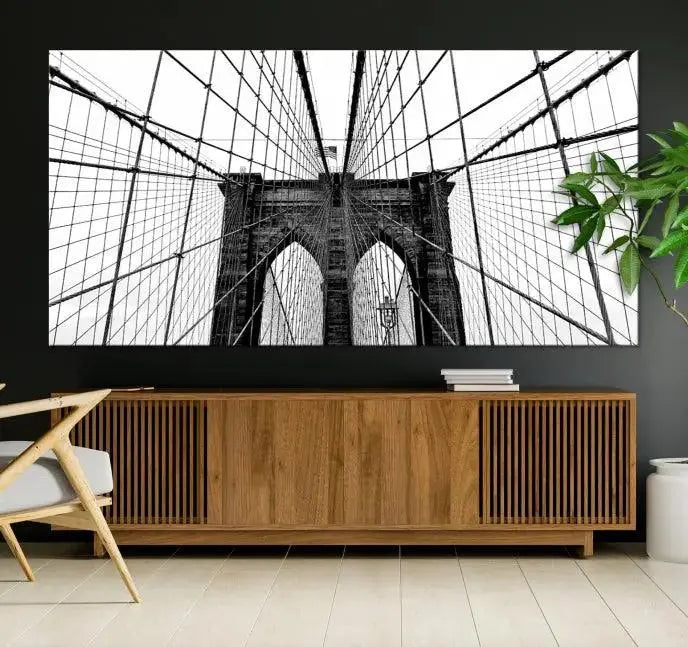 The Brooklyn Bridge Wall Art Canvas Print, a museum-quality black and white piece, offers free shipping for your living room's transformation.