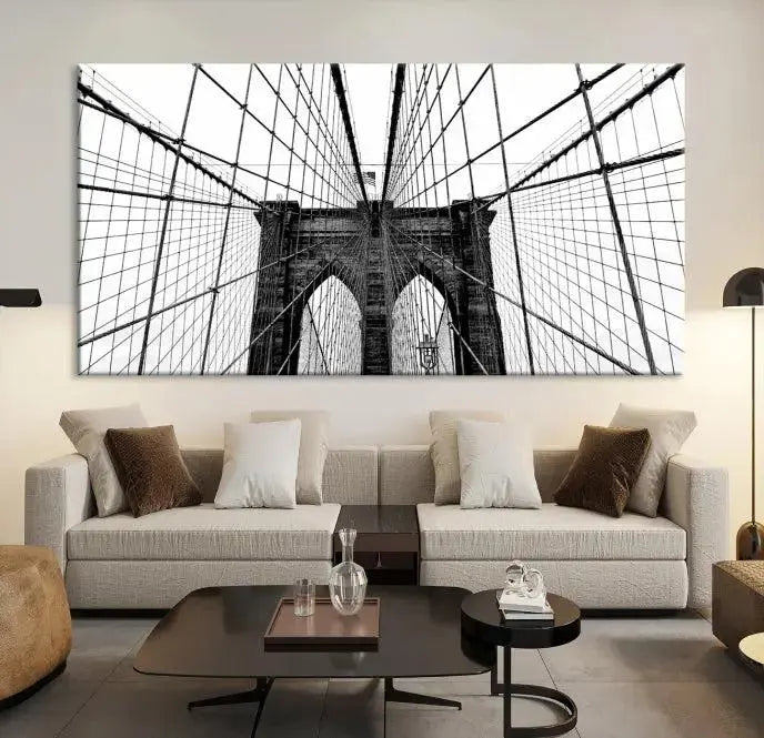 The Brooklyn Bridge Wall Art Canvas Print, a museum-quality black and white piece, offers free shipping for your living room's transformation.