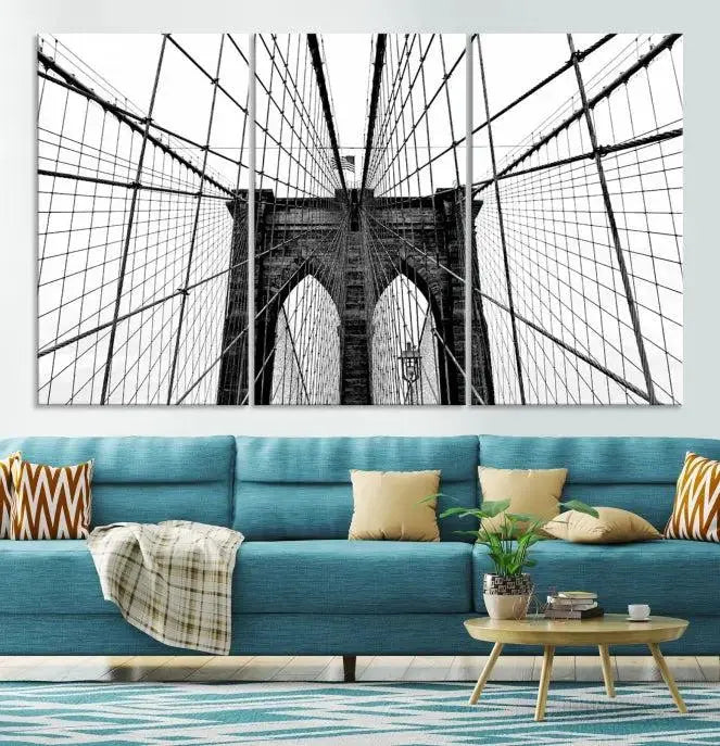 The Brooklyn Bridge Wall Art Canvas Print, a museum-quality black and white piece, offers free shipping for your living room's transformation.