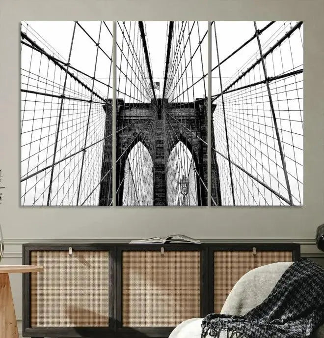 The Brooklyn Bridge Wall Art Canvas Print, a museum-quality black and white piece, offers free shipping for your living room's transformation.