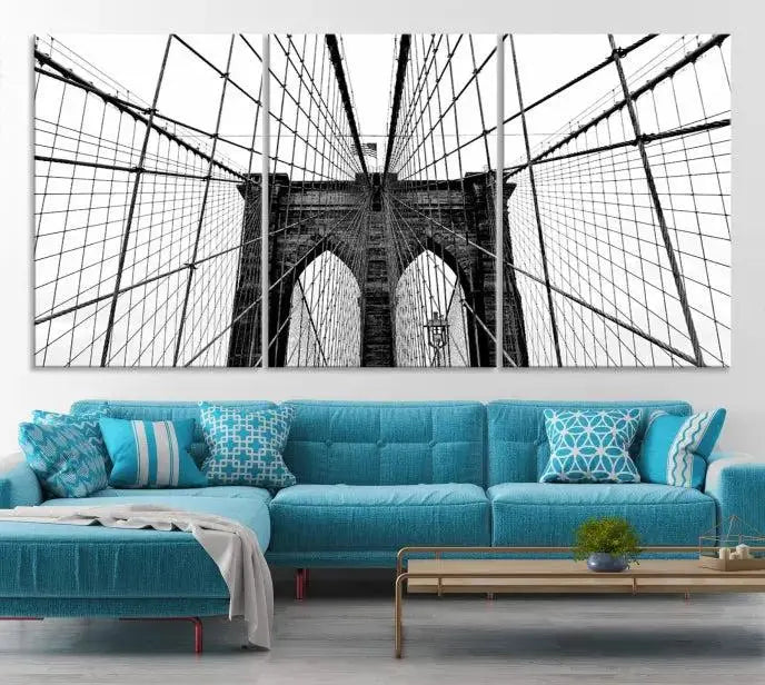 The Brooklyn Bridge Wall Art Canvas Print, a museum-quality black and white piece, offers free shipping for your living room's transformation.