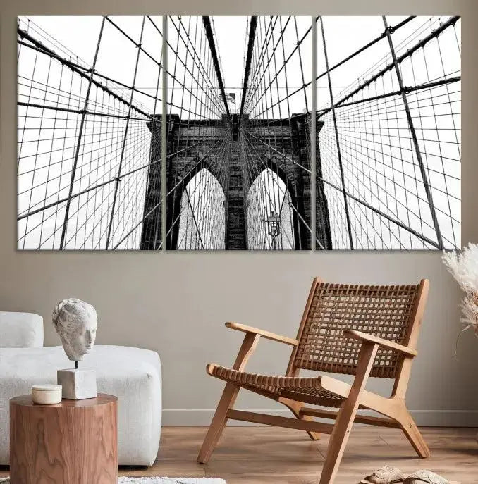 The Brooklyn Bridge Wall Art Canvas Print, a museum-quality black and white piece, offers free shipping for your living room's transformation.