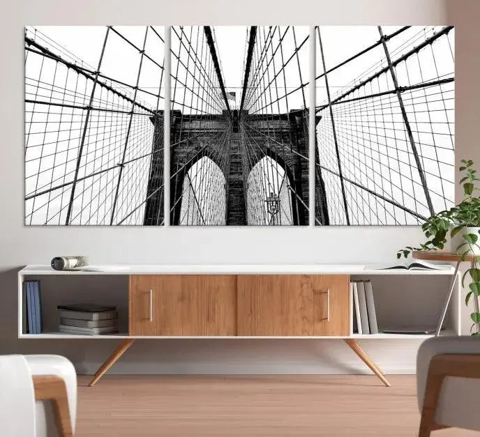 The Brooklyn Bridge Wall Art Canvas Print, a museum-quality black and white piece, offers free shipping for your living room's transformation.