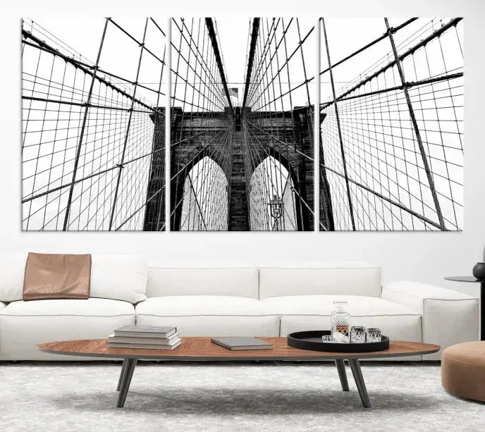 The Brooklyn Bridge Wall Art Canvas Print, a museum-quality black and white piece, offers free shipping for your living room's transformation.