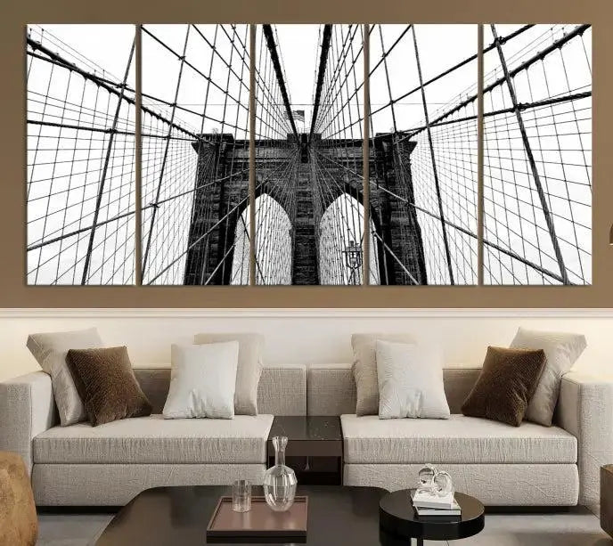 The Brooklyn Bridge Wall Art Canvas Print, a museum-quality black and white piece, offers free shipping for your living room's transformation.