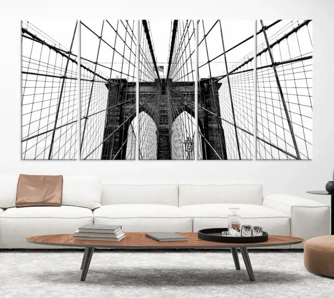 The Brooklyn Bridge Wall Art Canvas Print, a museum-quality black and white piece, offers free shipping for your living room's transformation.