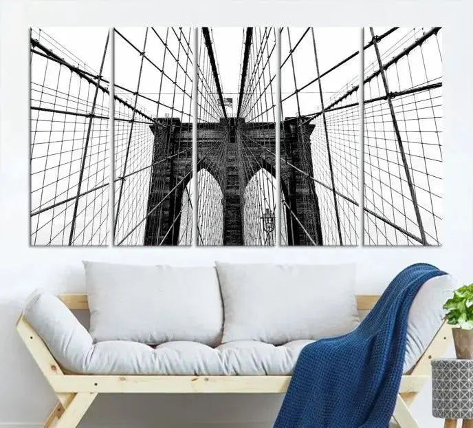 The Brooklyn Bridge Wall Art Canvas Print, a museum-quality black and white piece, offers free shipping for your living room's transformation.