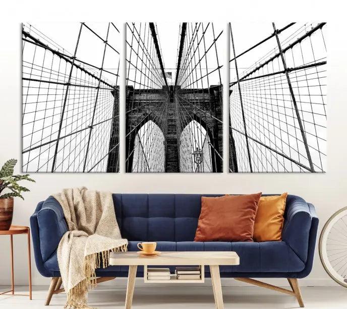 The Brooklyn Bridge Wall Art Canvas Print, a museum-quality black and white piece, offers free shipping for your living room's transformation.