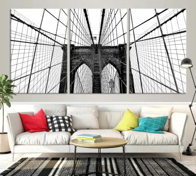 The Brooklyn Bridge Wall Art Canvas Print, a museum-quality black and white piece, offers free shipping for your living room's transformation.