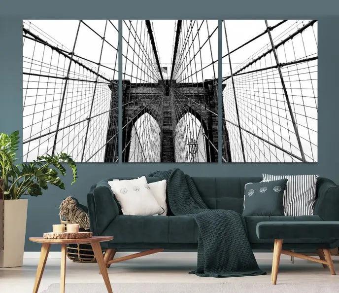 The Brooklyn Bridge Wall Art Canvas Print, a museum-quality black and white piece, offers free shipping for your living room's transformation.