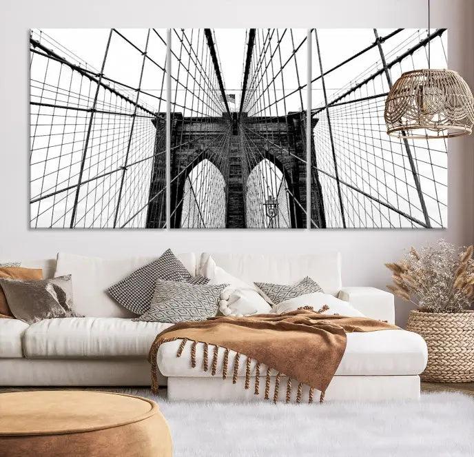 The Brooklyn Bridge Wall Art Canvas Print, a museum-quality black and white piece, offers free shipping for your living room's transformation.