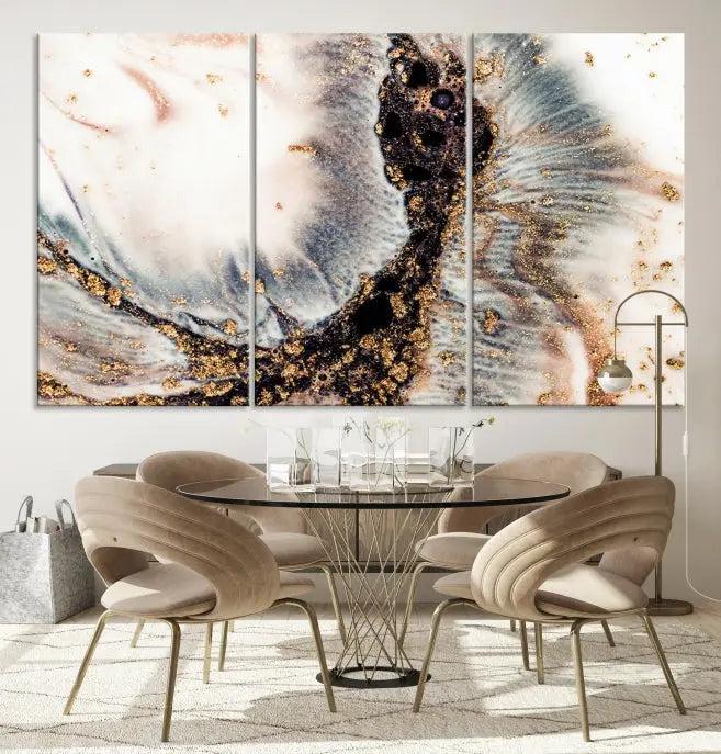 The Brown Marble Fluid Effect Wall Art Abstract Canvas Wall Art Print, with its mesmerizing black, white, and gold swirls, brings an exquisite touch to the space. This museum-quality canvas is elegantly displayed in a modern living room setting.