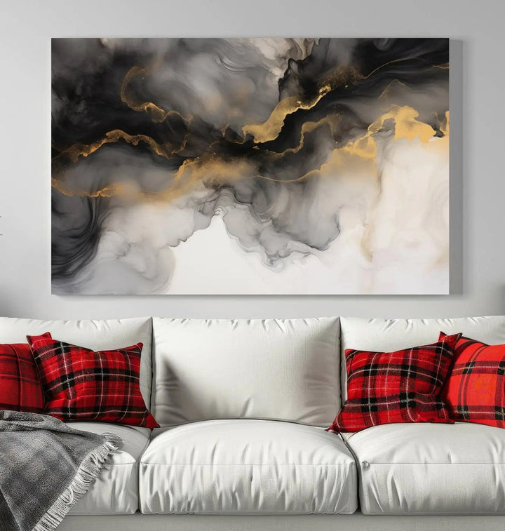 Brown Smoke Art Canvas Print for Living Room Home Decor graces a dark wall.