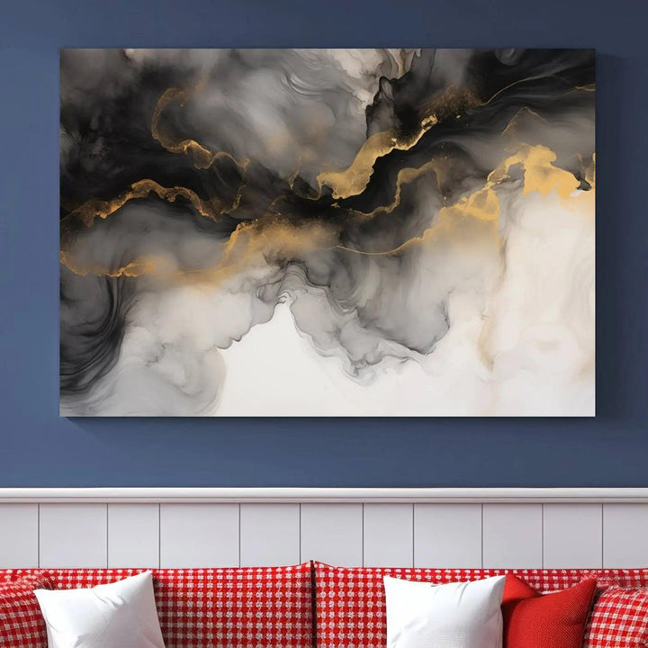 Brown Smoke Art Canvas Print for Living Room Home Decor graces a dark wall.