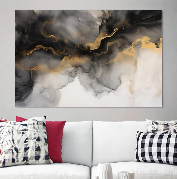 Brown Smoke Art Canvas Print for Living Room Home Decor graces a dark wall.