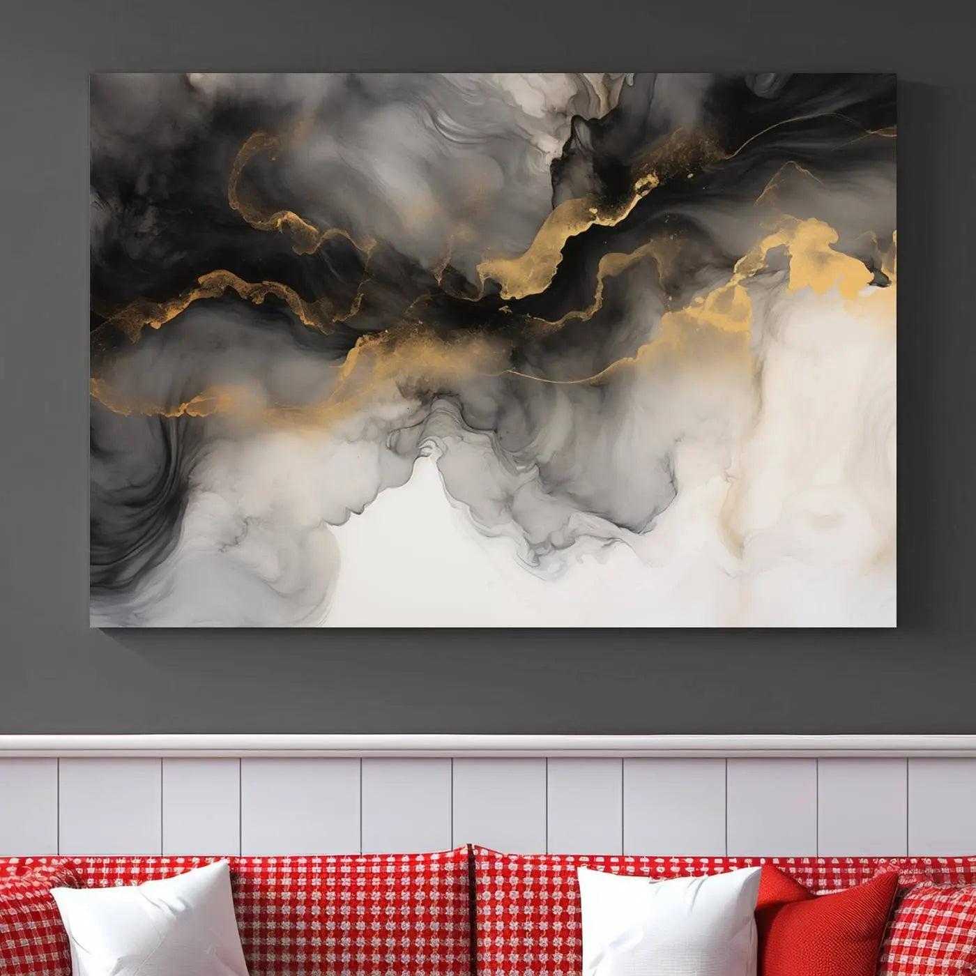 Brown Smoke Art Canvas Print for Living Room Home Decor graces a dark wall.