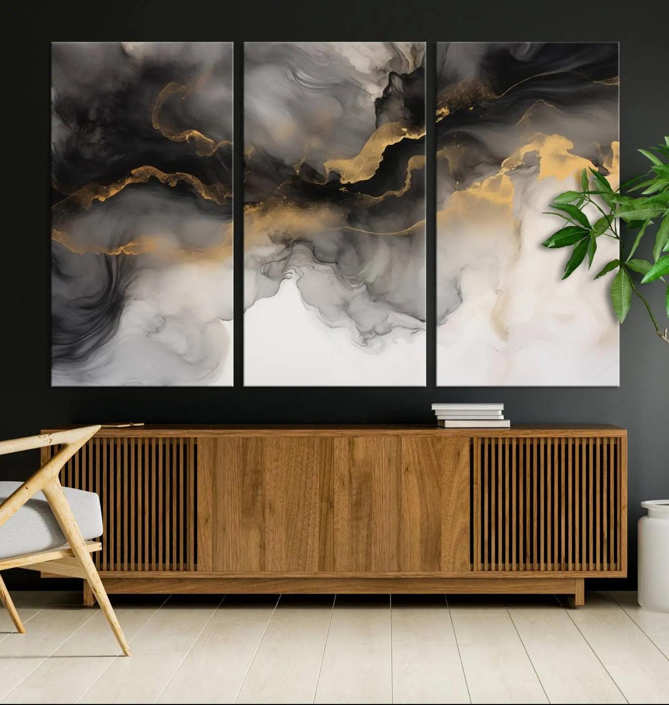 Brown Smoke Art Canvas Print for Living Room Home Decor graces a dark wall.