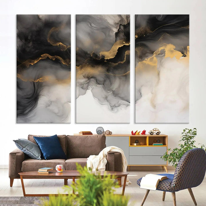 Brown Smoke Art Canvas Print for Living Room Home Decor graces a dark wall.