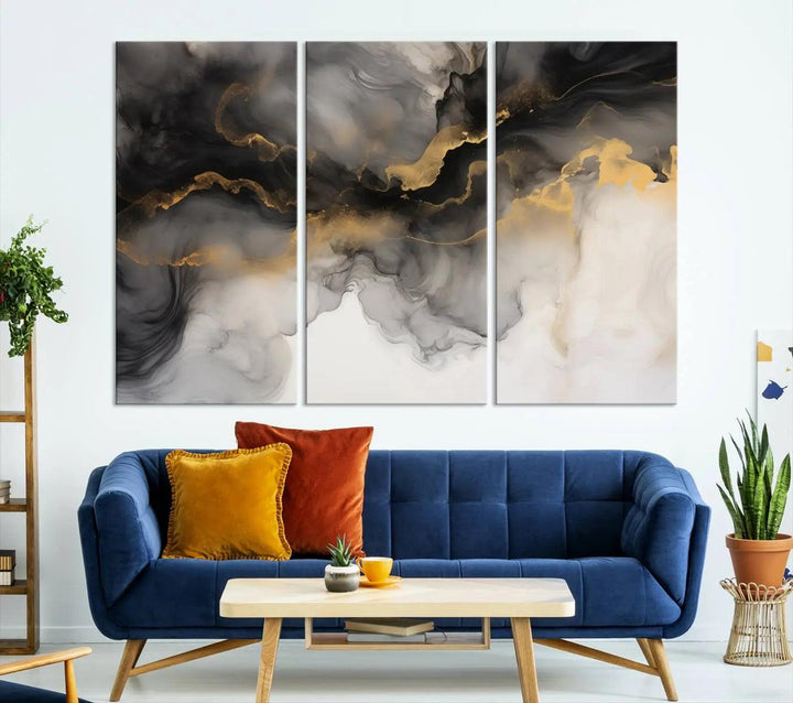 Brown Smoke Art Canvas Print for Living Room Home Decor graces a dark wall.