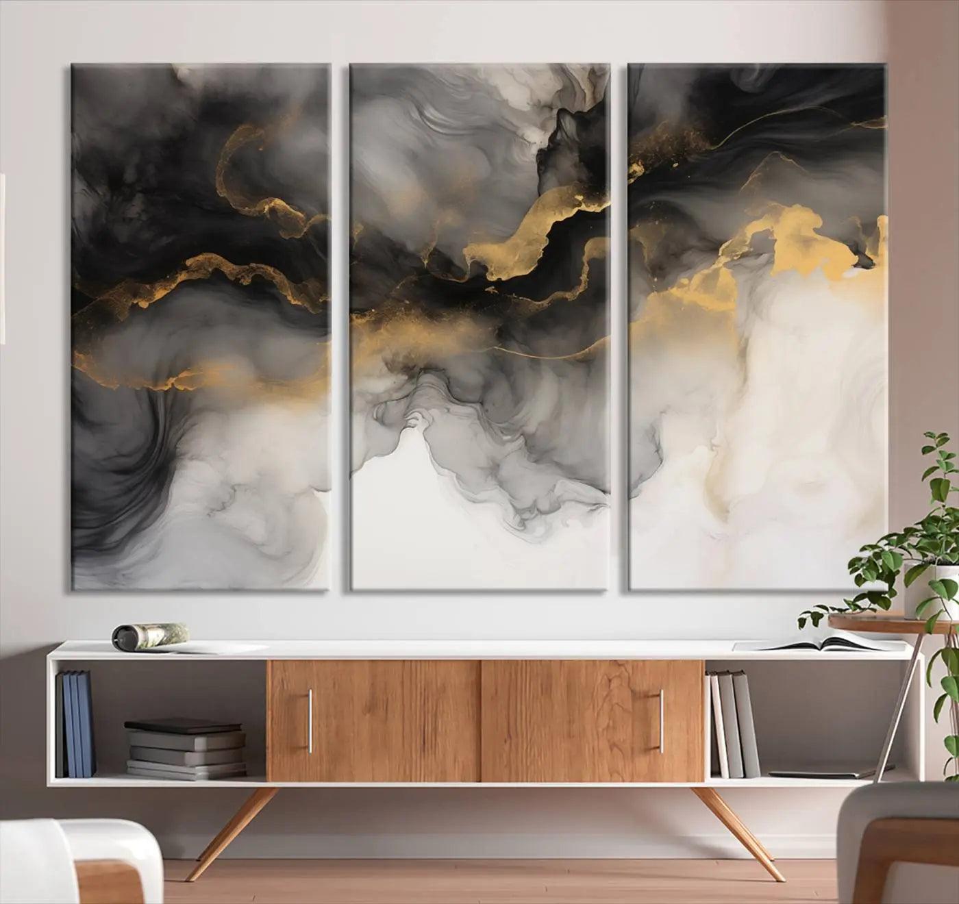 Brown Smoke Art Canvas Print for Living Room Home Decor graces a dark wall.