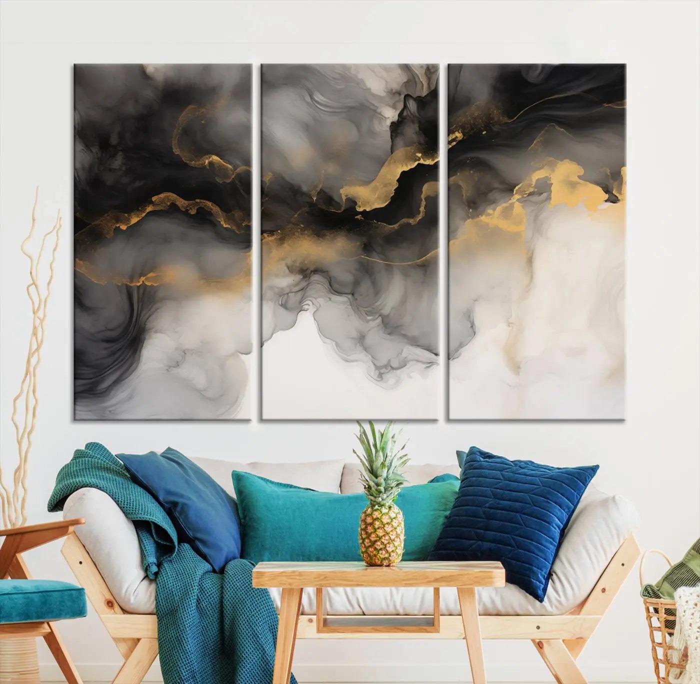 Brown Smoke Art Canvas Print for Living Room Home Decor graces a dark wall.