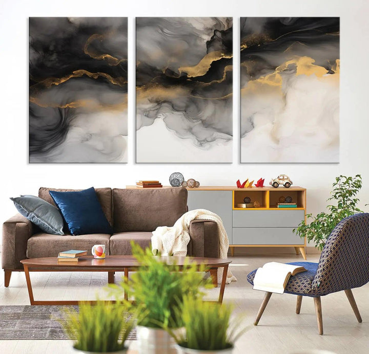 Brown Smoke Art Canvas Print for Living Room Home Decor graces a dark wall.