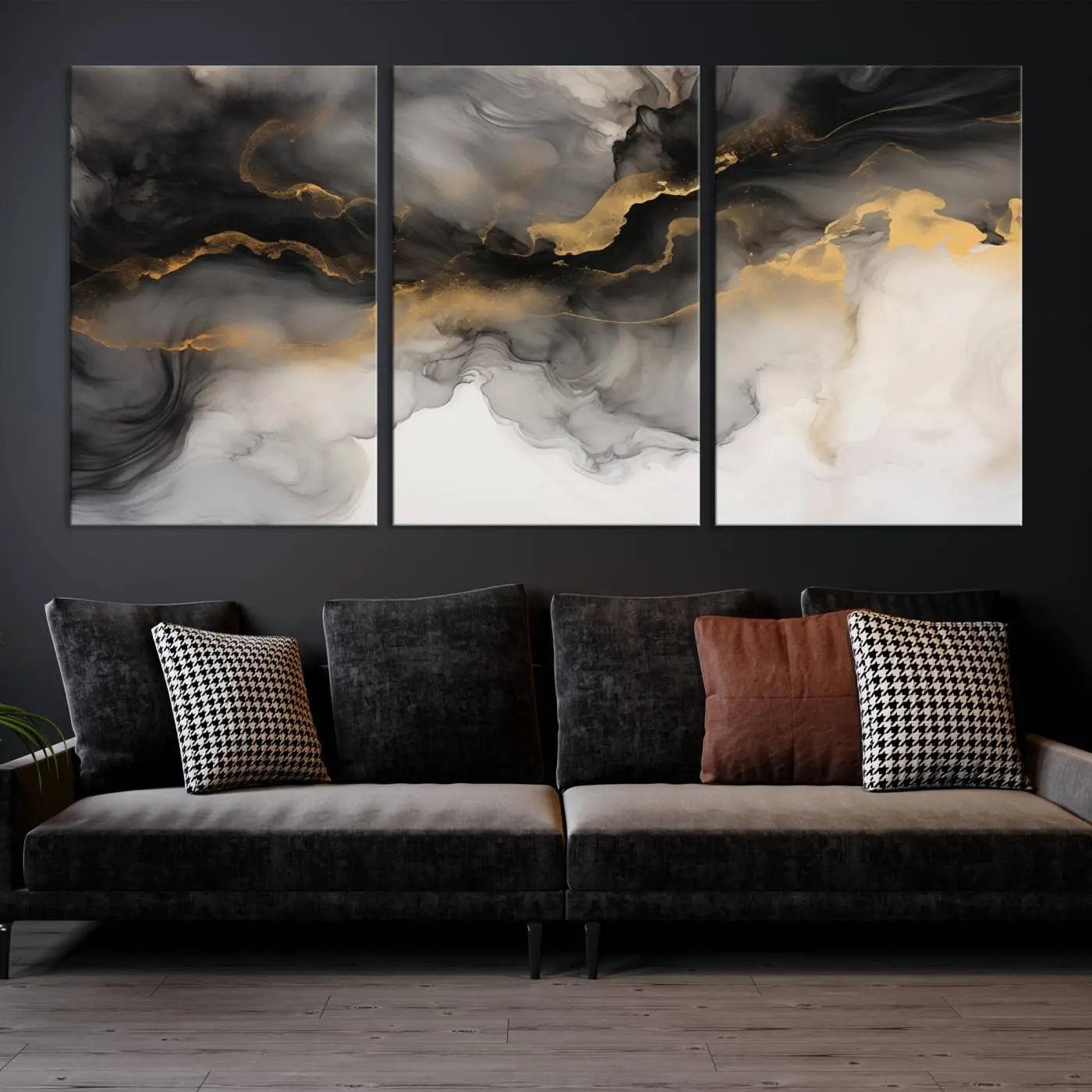 Brown Smoke Art Canvas Print for Living Room Home Decor graces a dark wall.