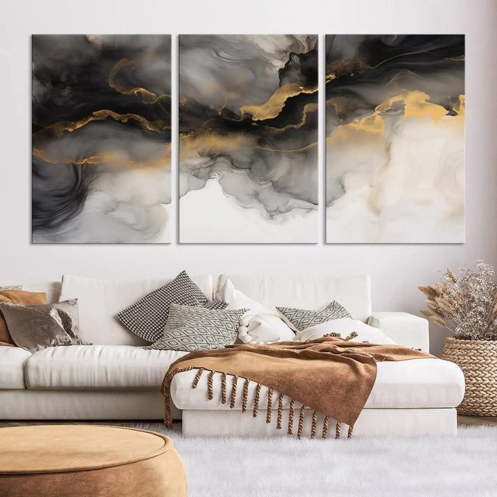 Brown Smoke Art Canvas Print for Living Room Home Decor graces a dark wall.