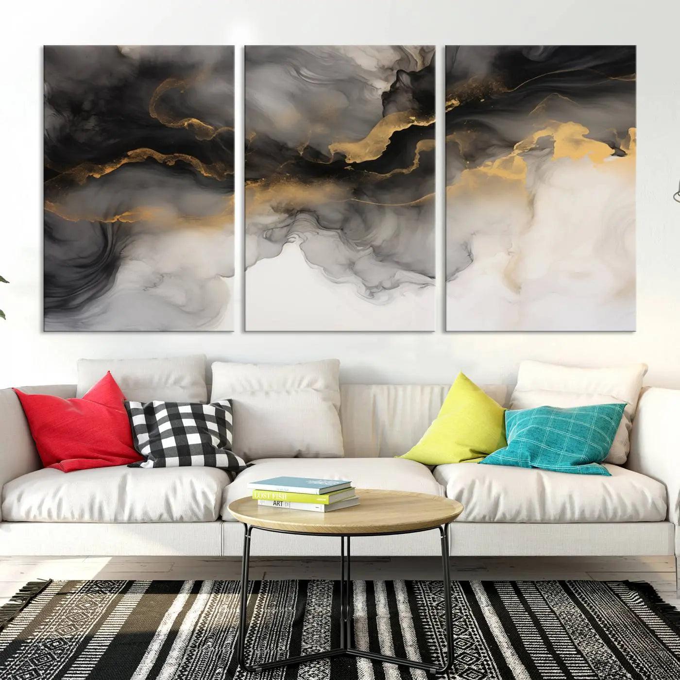 Brown Smoke Art Canvas Print for Living Room Home Decor graces a dark wall.