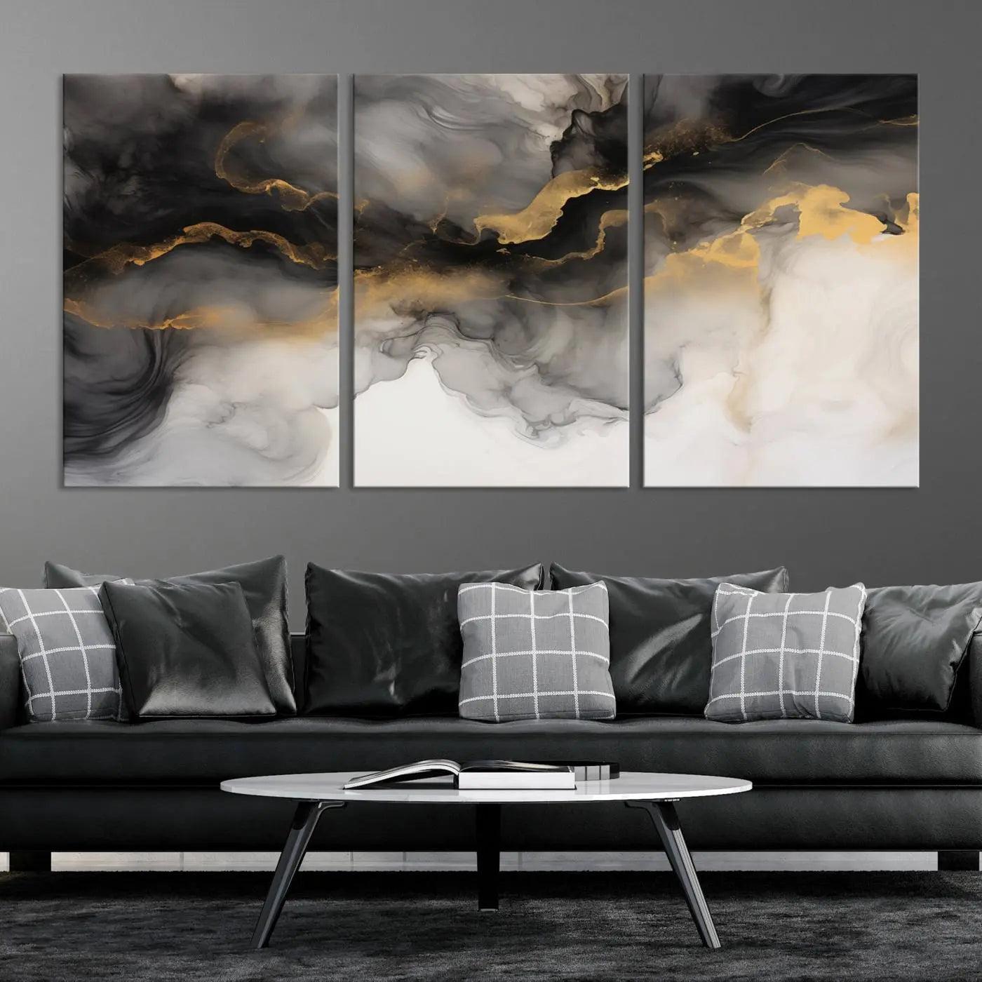 Brown Smoke Art Canvas Print for Living Room Home Decor graces a dark wall.