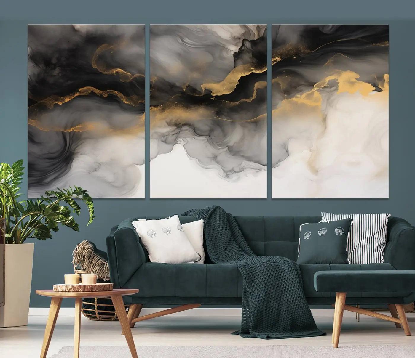 Brown Smoke Art Canvas Print for Living Room Home Decor graces a dark wall.