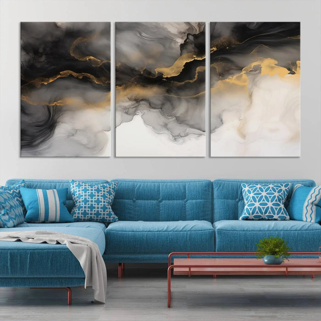 Brown Smoke Art Canvas Print for Living Room Home Decor graces a dark wall.