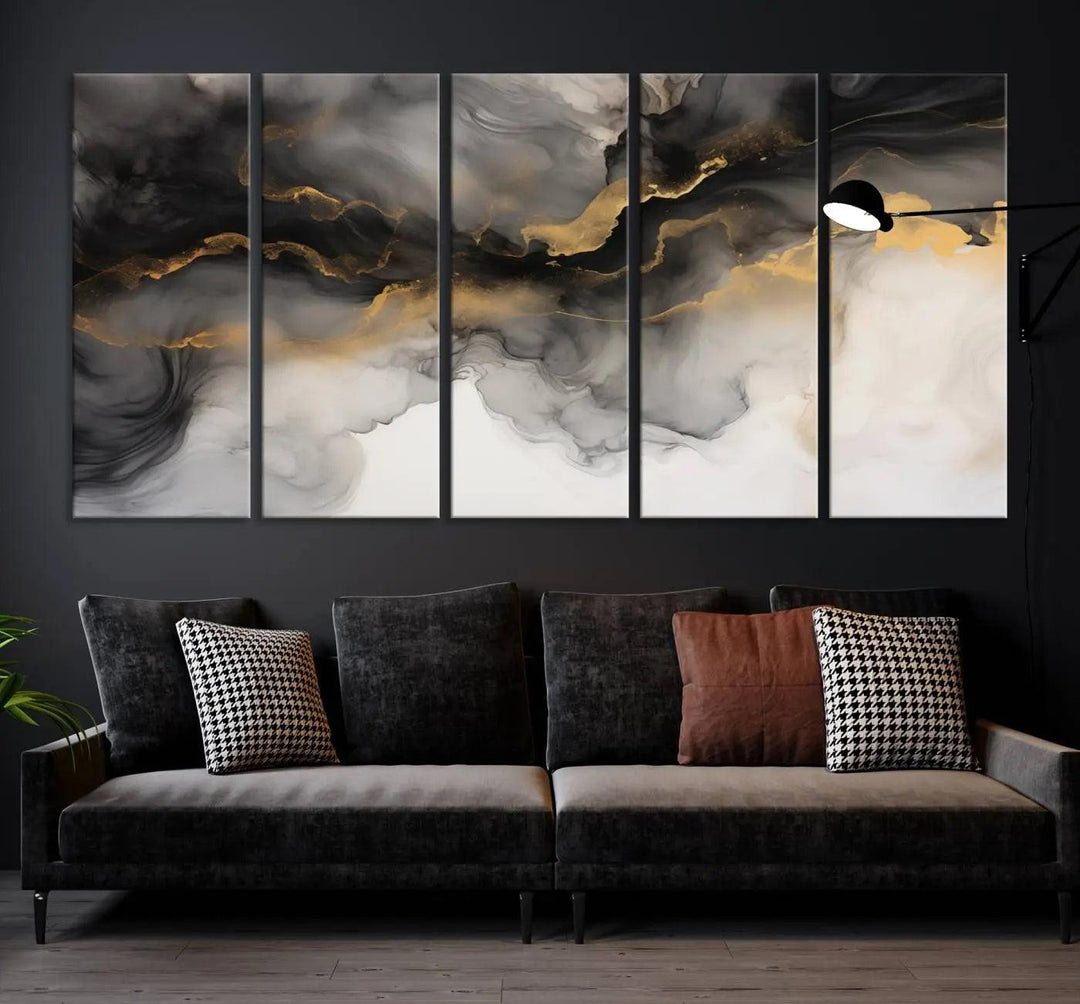 Brown Smoke Art Canvas Print for Living Room Home Decor graces a dark wall.