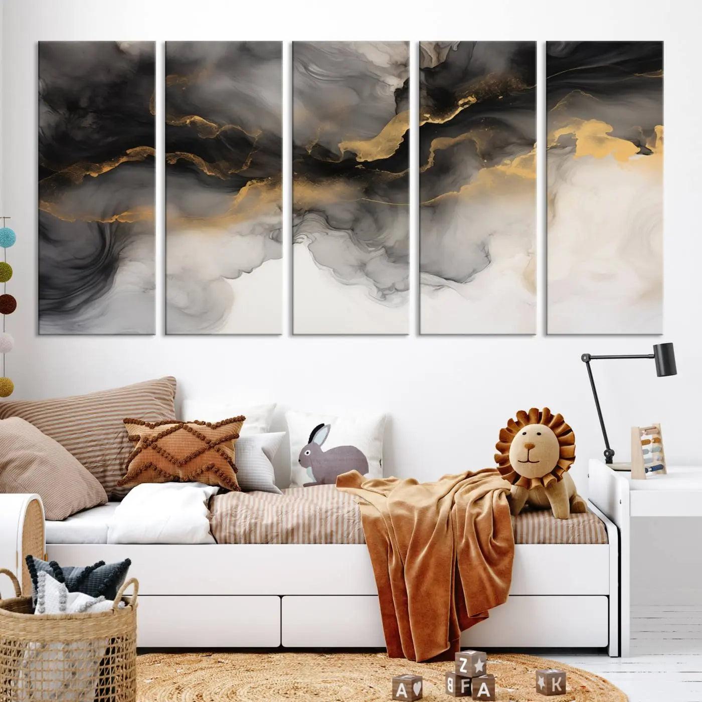 Brown Smoke Art Canvas Print for Living Room Home Decor graces a dark wall.