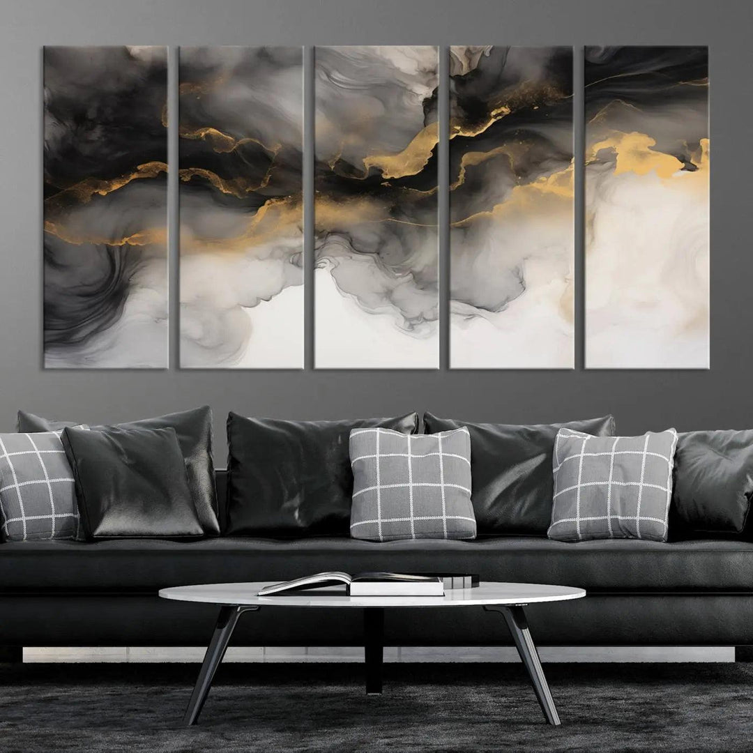 Brown Smoke Art Canvas Print for Living Room Home Decor graces a dark wall.