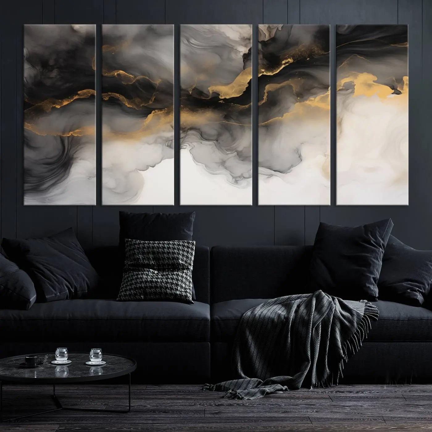 Brown Smoke Art Canvas Print for Living Room Home Decor graces a dark wall.