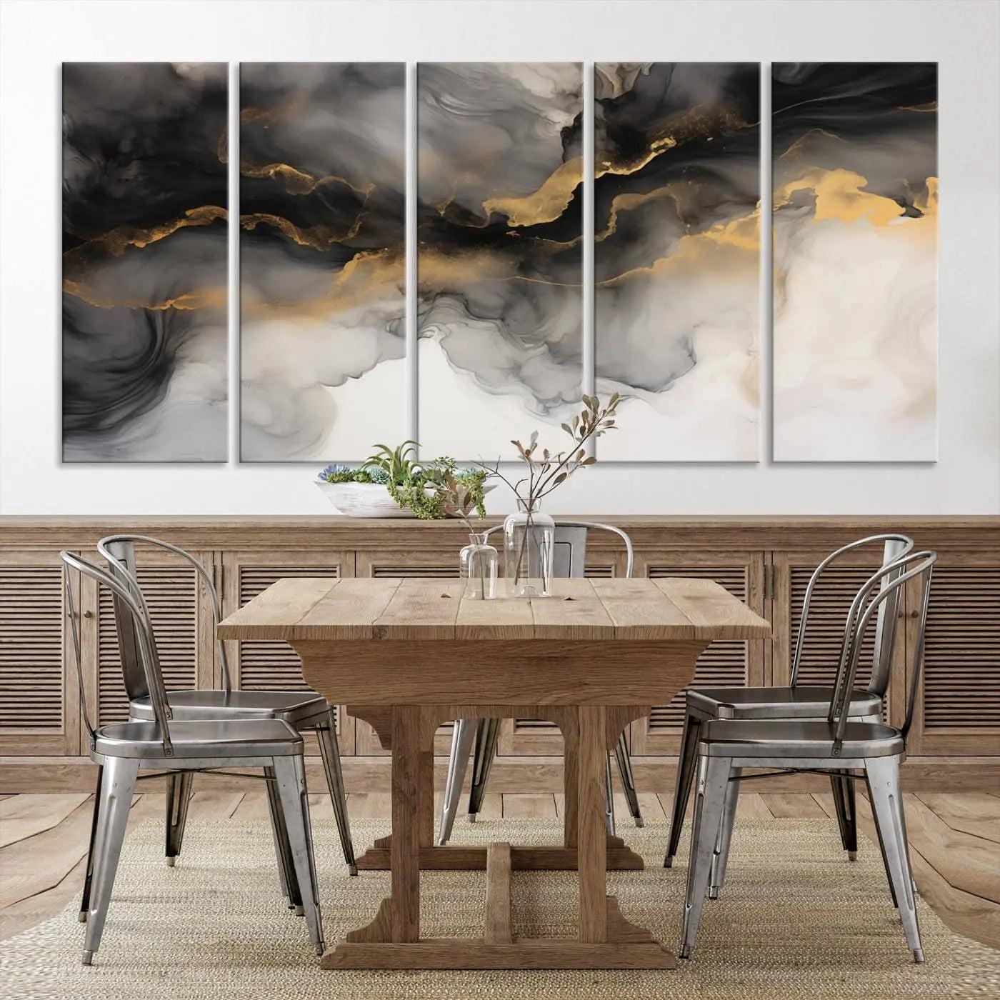 Brown Smoke Art Canvas Print for Living Room Home Decor graces a dark wall.