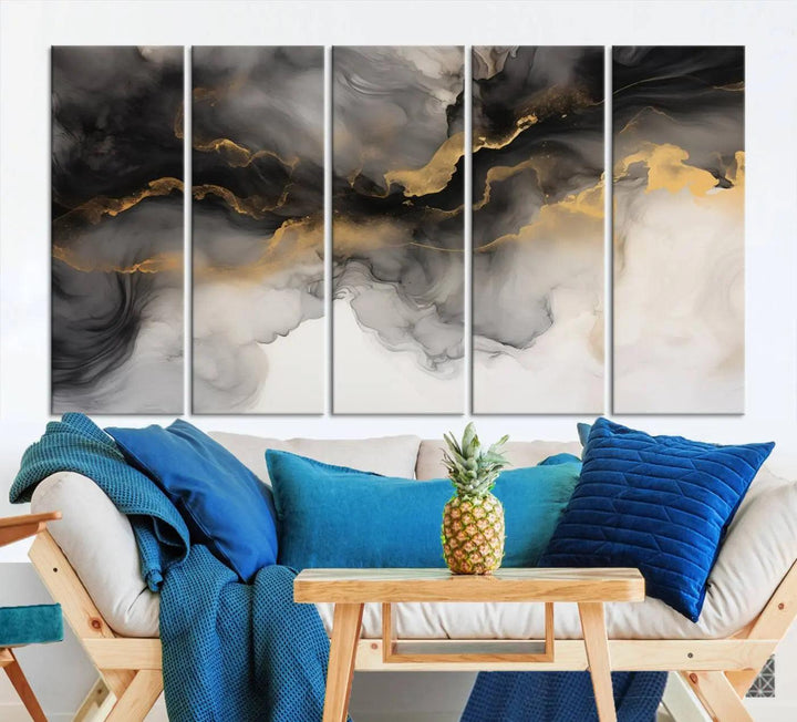 Brown Smoke Art Canvas Print for Living Room Home Decor graces a dark wall.