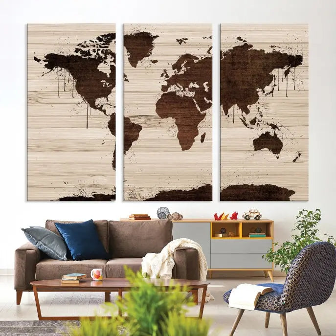 The Brown Wall Art World Map on a Wood Style Background Canvas Print, featuring museum-quality canvas with a UV-protective coating, elegantly enhances the ambiance of the room. Enjoy free shipping for this exquisite decor piece.