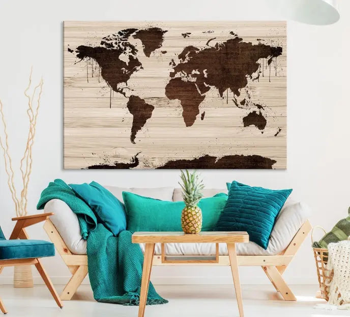 The Brown Wall Art World Map on a Wood Style Background Canvas Print, featuring museum-quality canvas with a UV-protective coating, elegantly enhances the ambiance of the room. Enjoy free shipping for this exquisite decor piece.