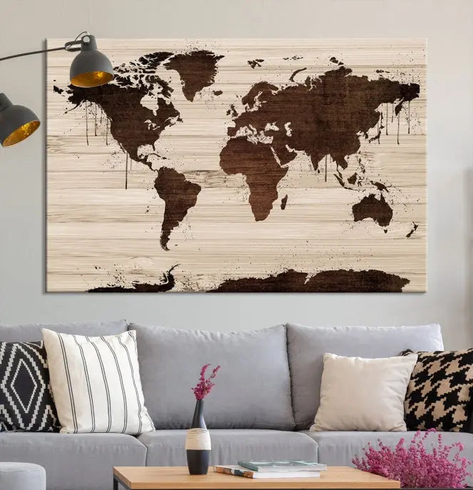 The Brown Wall Art World Map on a Wood Style Background Canvas Print, featuring museum-quality canvas with a UV-protective coating, elegantly enhances the ambiance of the room. Enjoy free shipping for this exquisite decor piece.