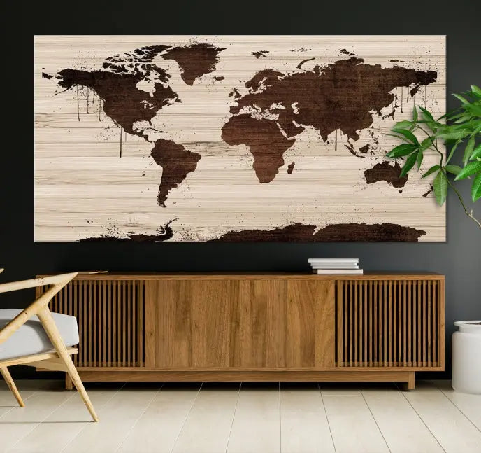 The Brown Wall Art World Map on a Wood Style Background Canvas Print, featuring museum-quality canvas with a UV-protective coating, elegantly enhances the ambiance of the room. Enjoy free shipping for this exquisite decor piece.