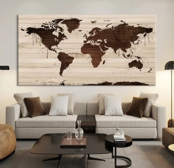 The Brown Wall Art World Map on a Wood Style Background Canvas Print, featuring museum-quality canvas with a UV-protective coating, elegantly enhances the ambiance of the room. Enjoy free shipping for this exquisite decor piece.