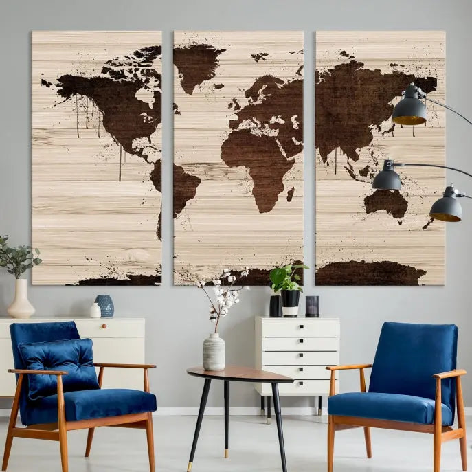 The Brown Wall Art World Map on a Wood Style Background Canvas Print, featuring museum-quality canvas with a UV-protective coating, elegantly enhances the ambiance of the room. Enjoy free shipping for this exquisite decor piece.