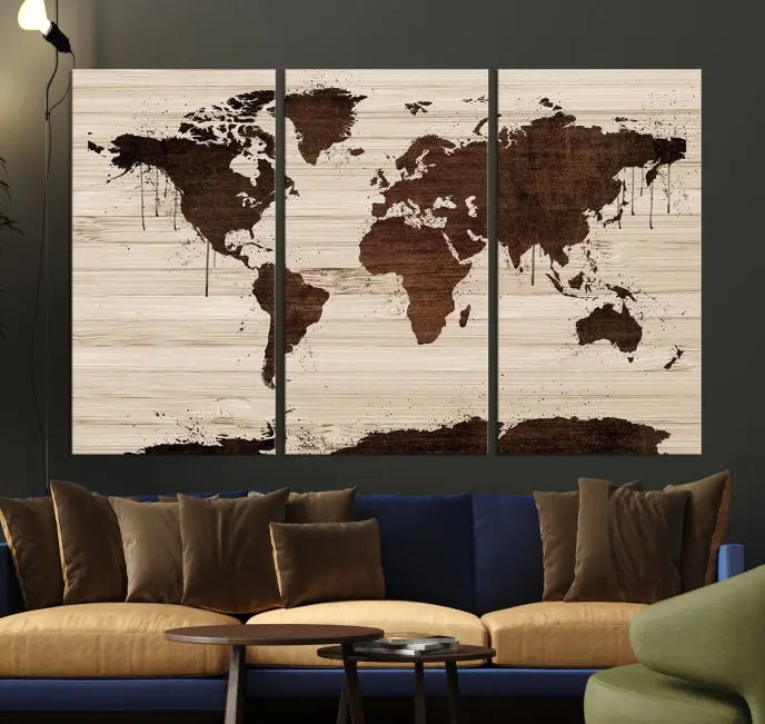 The Brown Wall Art World Map on a Wood Style Background Canvas Print, featuring museum-quality canvas with a UV-protective coating, elegantly enhances the ambiance of the room. Enjoy free shipping for this exquisite decor piece.