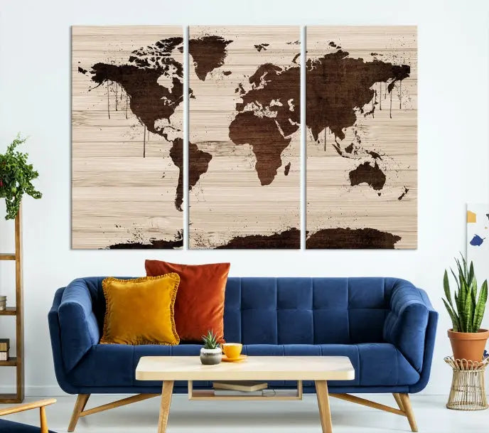 The Brown Wall Art World Map on a Wood Style Background Canvas Print, featuring museum-quality canvas with a UV-protective coating, elegantly enhances the ambiance of the room. Enjoy free shipping for this exquisite decor piece.