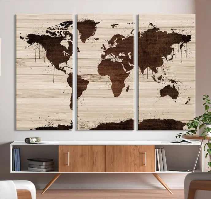 The Brown Wall Art World Map on a Wood Style Background Canvas Print, featuring museum-quality canvas with a UV-protective coating, elegantly enhances the ambiance of the room. Enjoy free shipping for this exquisite decor piece.